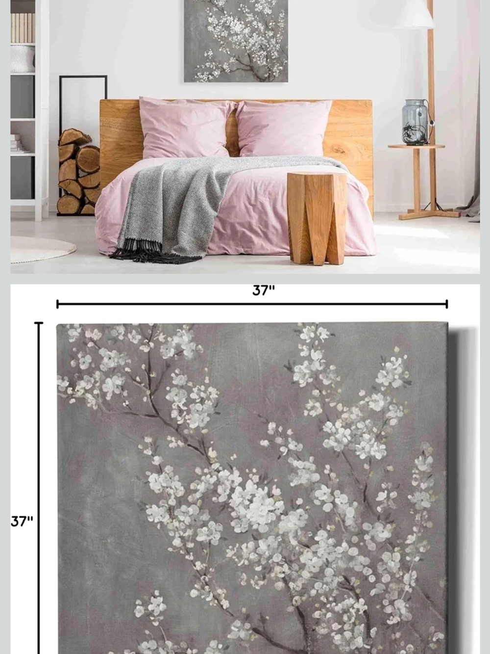 A Set Of Three Floral Cherry Blossom Canvas Wall Art in Gray and White 18x18 Exc
